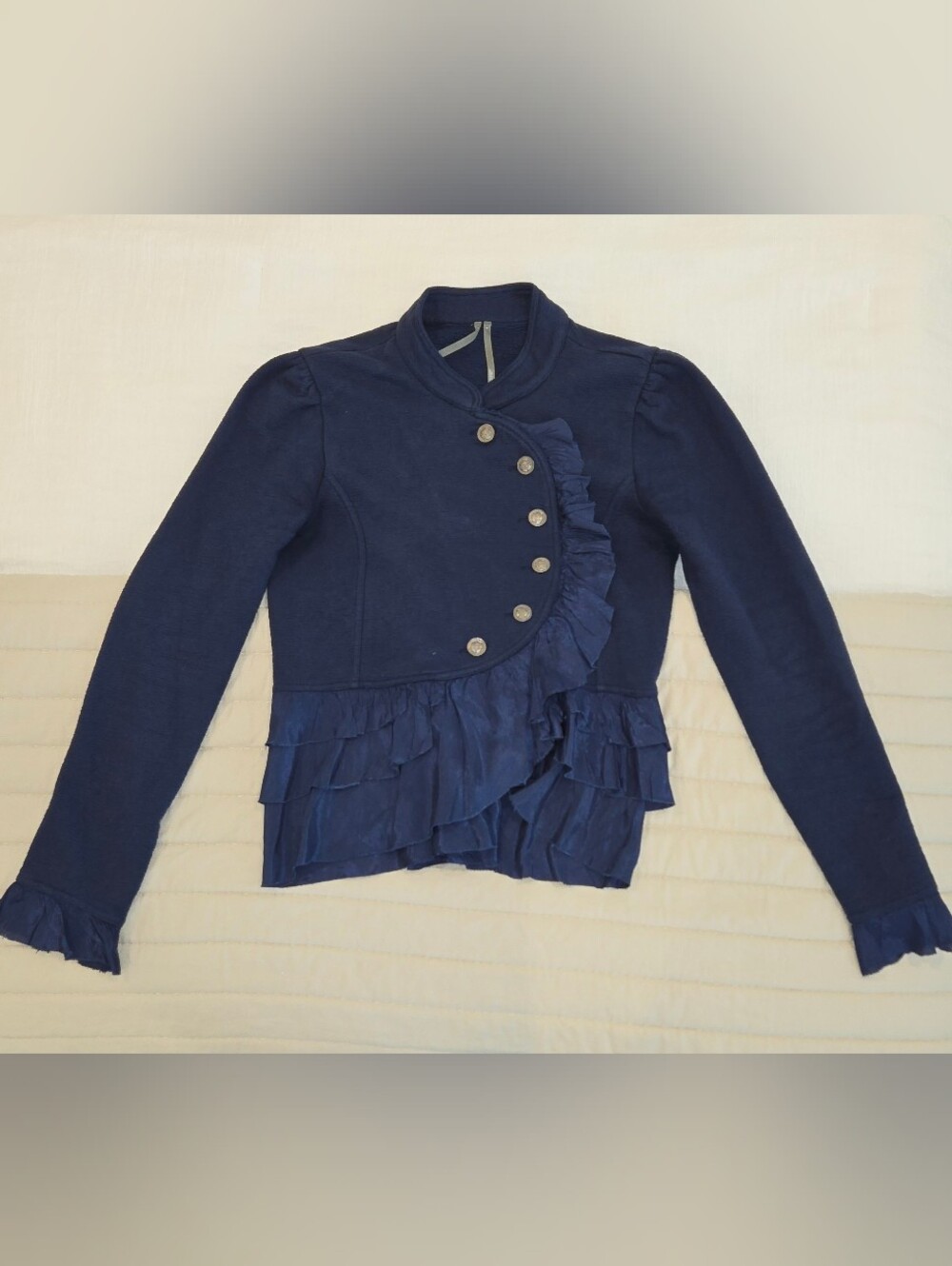 Anthropologie Curved Ruffle Military Cardigan Jacket